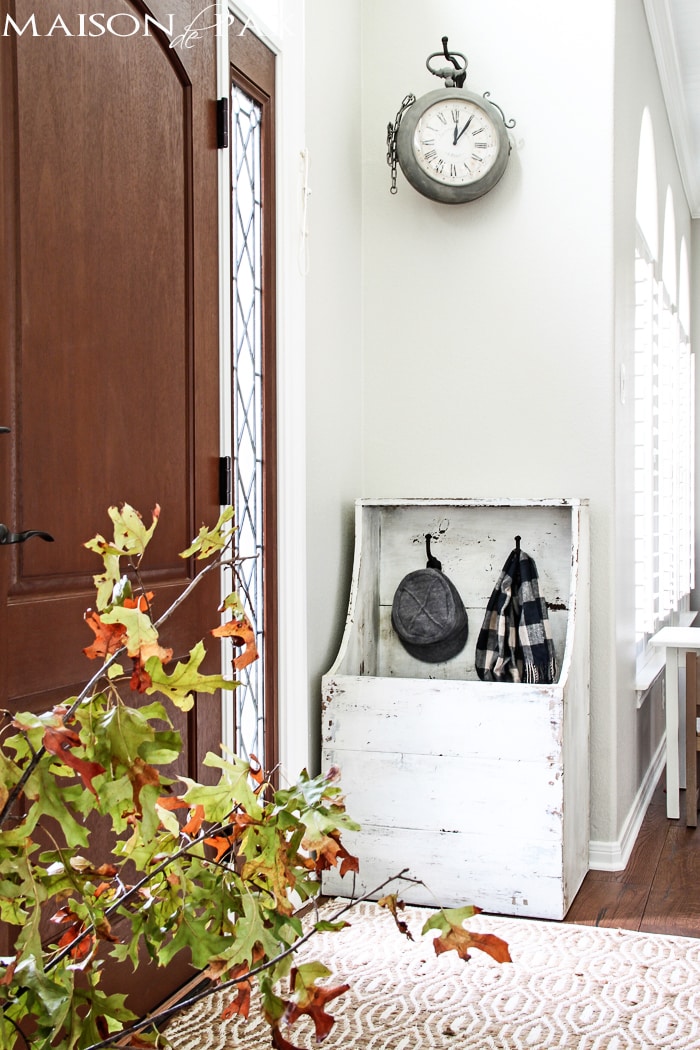 gorgeous, functional entryway with an antique wood firebox used as a mini mudroom... get the plans to build this diy planked "antique" firewood box here! | aiweb9ygdry.cmersite.com