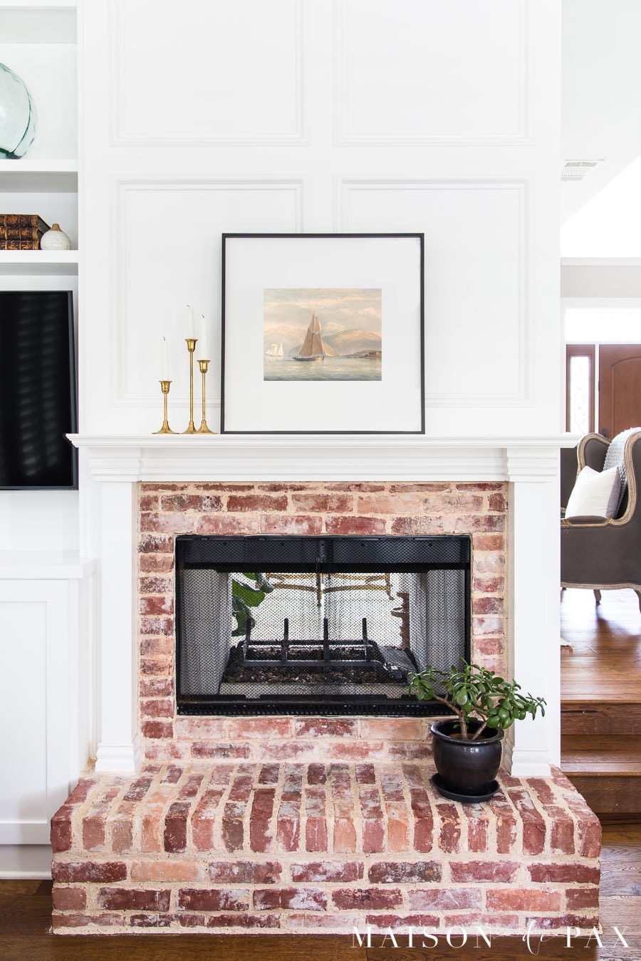 jade plant on fireplace hearth | Maison de Pax