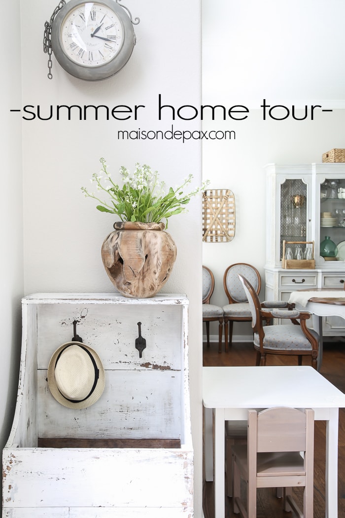 Beautiful summer home tour with lots of whites, raw wood tones, and simple summer decorating ideas- Maison de Pax