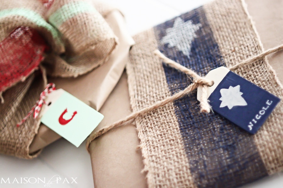 Brilliant! Painted burlap, craft paper, and wood tags make beautiful gift wrap for any occasion | via aiweb9ygdry.cmersite.com 