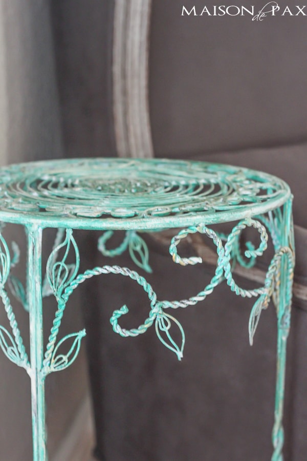 Turn an old rusty plant stand into a gorgeous side table with this patina tutorial via aiweb9ygdry.cmersite.com #upcycle #diy