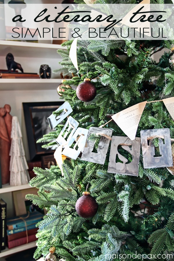 Love this simple Christmas tree decorating idea! Book page bunting and ornaments with stenciled words... Simple and beautiful! via aiweb9ygdry.cmersite.com