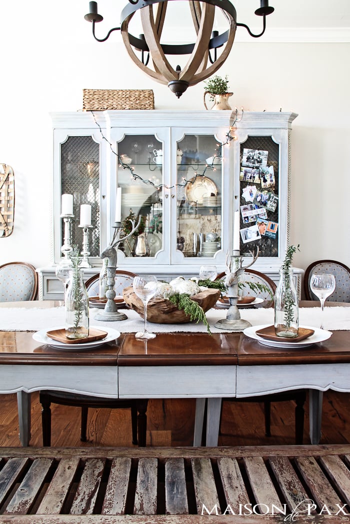 Gorgeous neutral dining room with French and rustic elements - decorated for Christmas holidays | aiweb9ygdry.cmersite.com