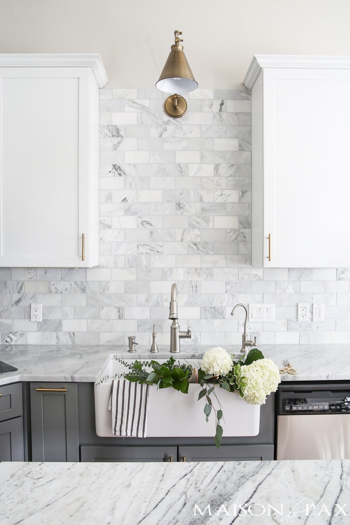 White kitchen with Carrara Marble backsplash- Maison de Pax