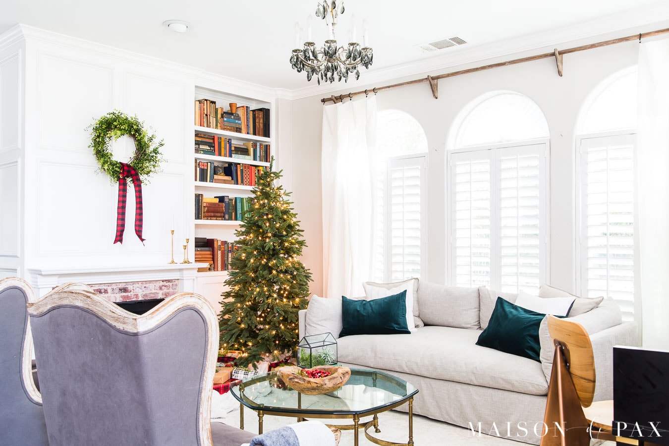 gray armchairs, linen sofa, classic christmas decor | Maison de Pax