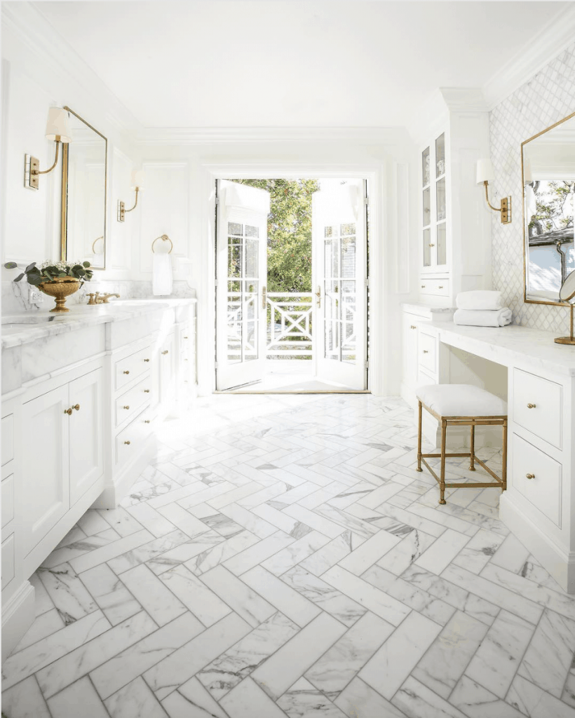 marble herringbone tile floor bathroom
