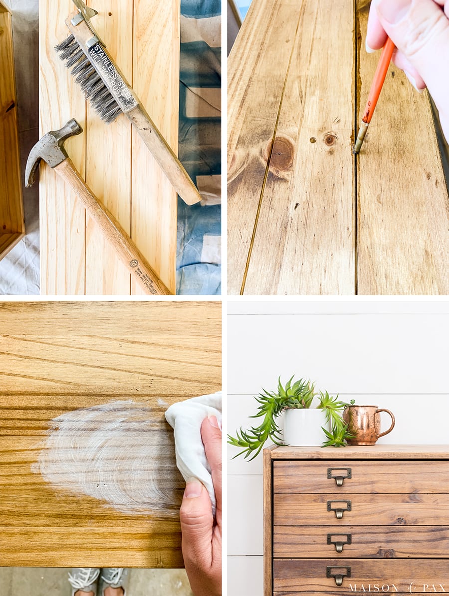 step by step tutorial for creating an old, worn wood finish on new pine