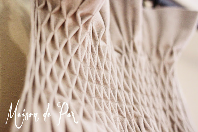 close up view of smocked drop cloth curtains- Maison de Pax