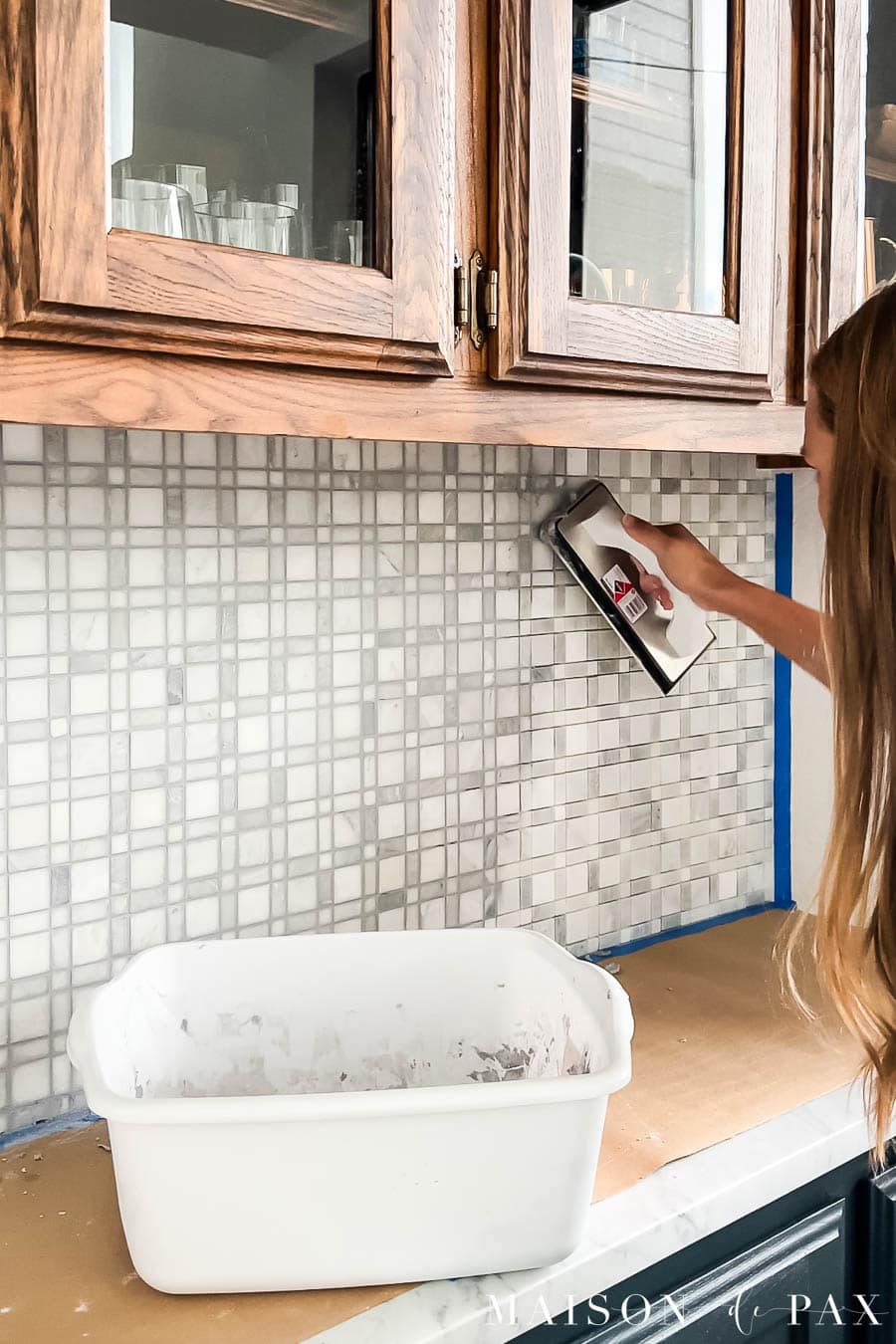grouting marble mosaic backsplash DIY tutorial