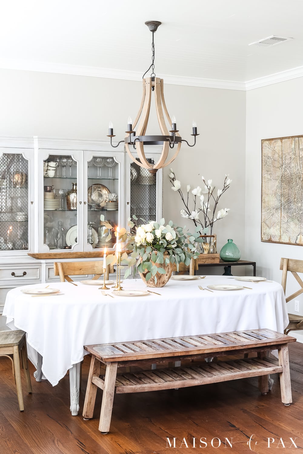 French country dining room with white roses and eucalyptus centerpiece- Maison de Pax