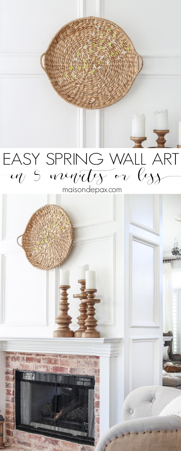 Looking for an easy spring decor idea? In about five minutes, you can turn a simple basket and inexpensive faux flowers into gorgeous spring wall art!