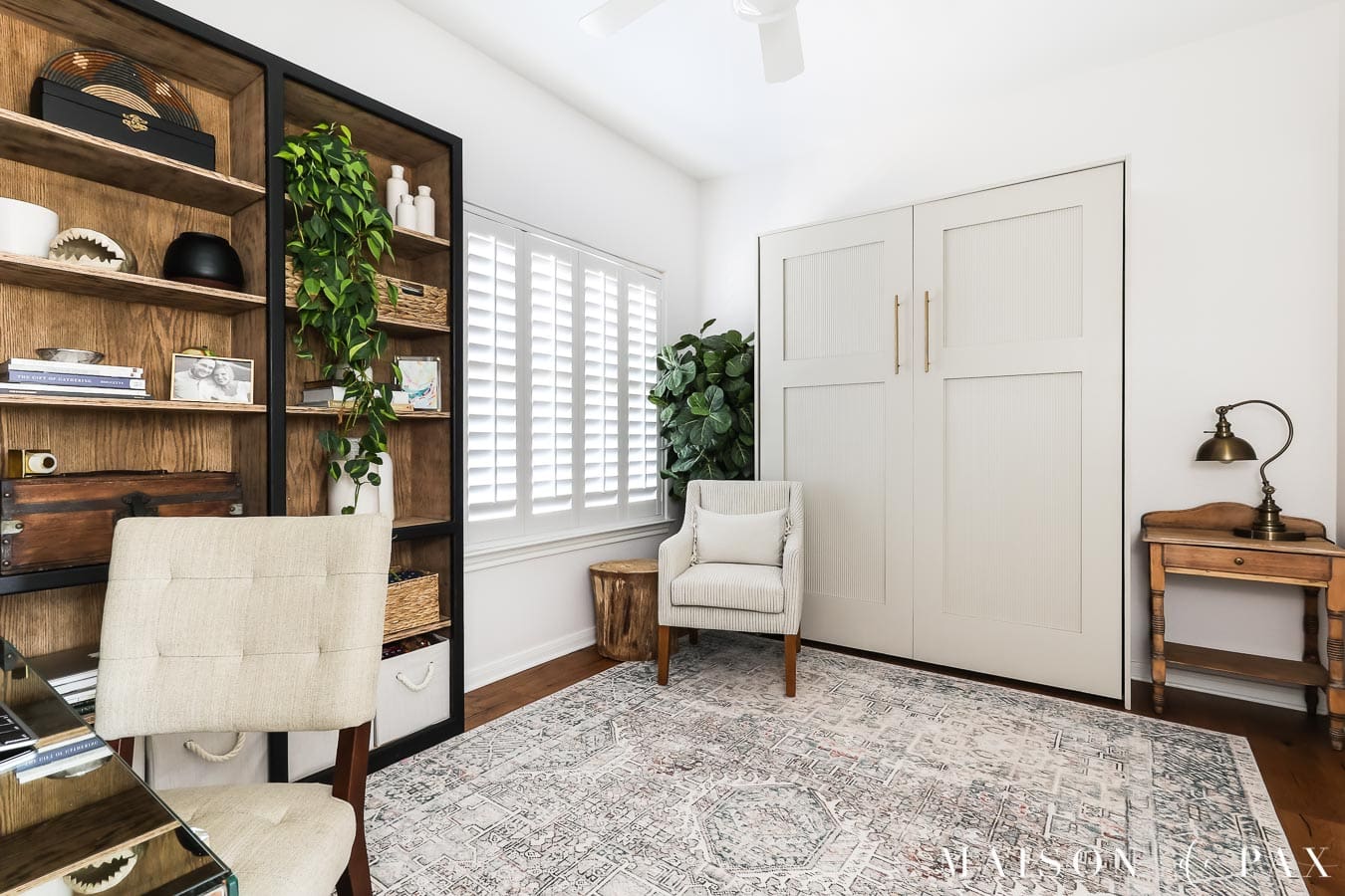 home office with bookcase and murphy bed cabinet