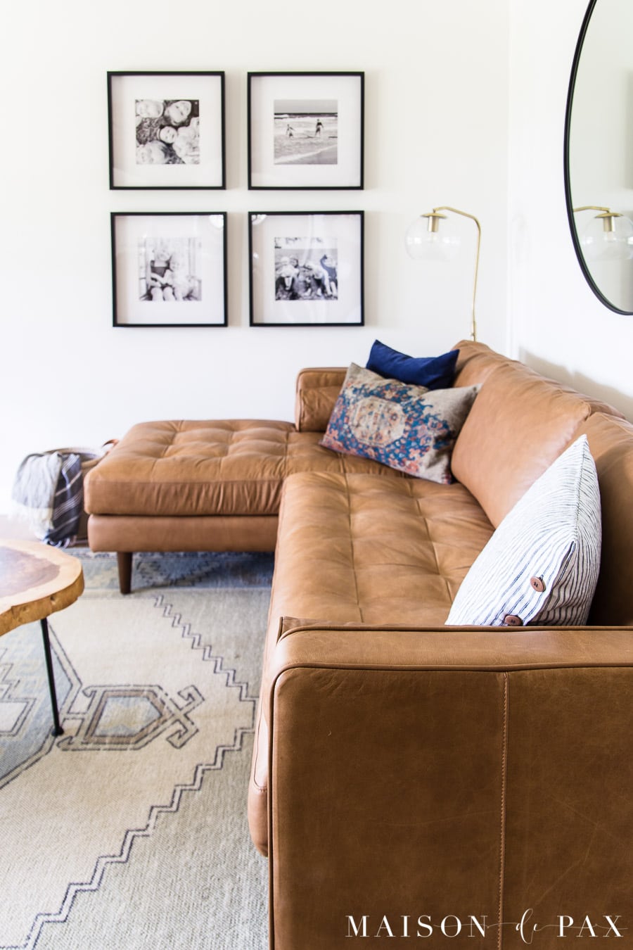 tan leather sofa with mid century modern feel | Maison de Pax