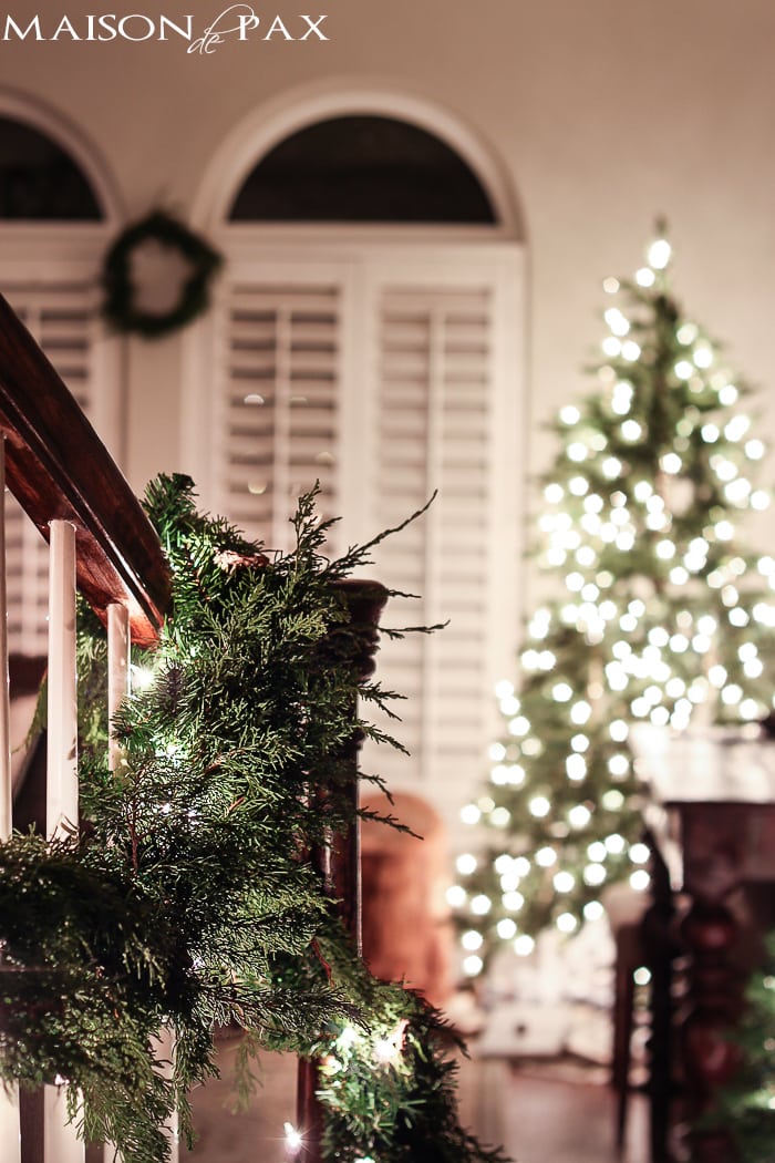 holiday decorating: christmas tree with white lights and mercury glass, wreath