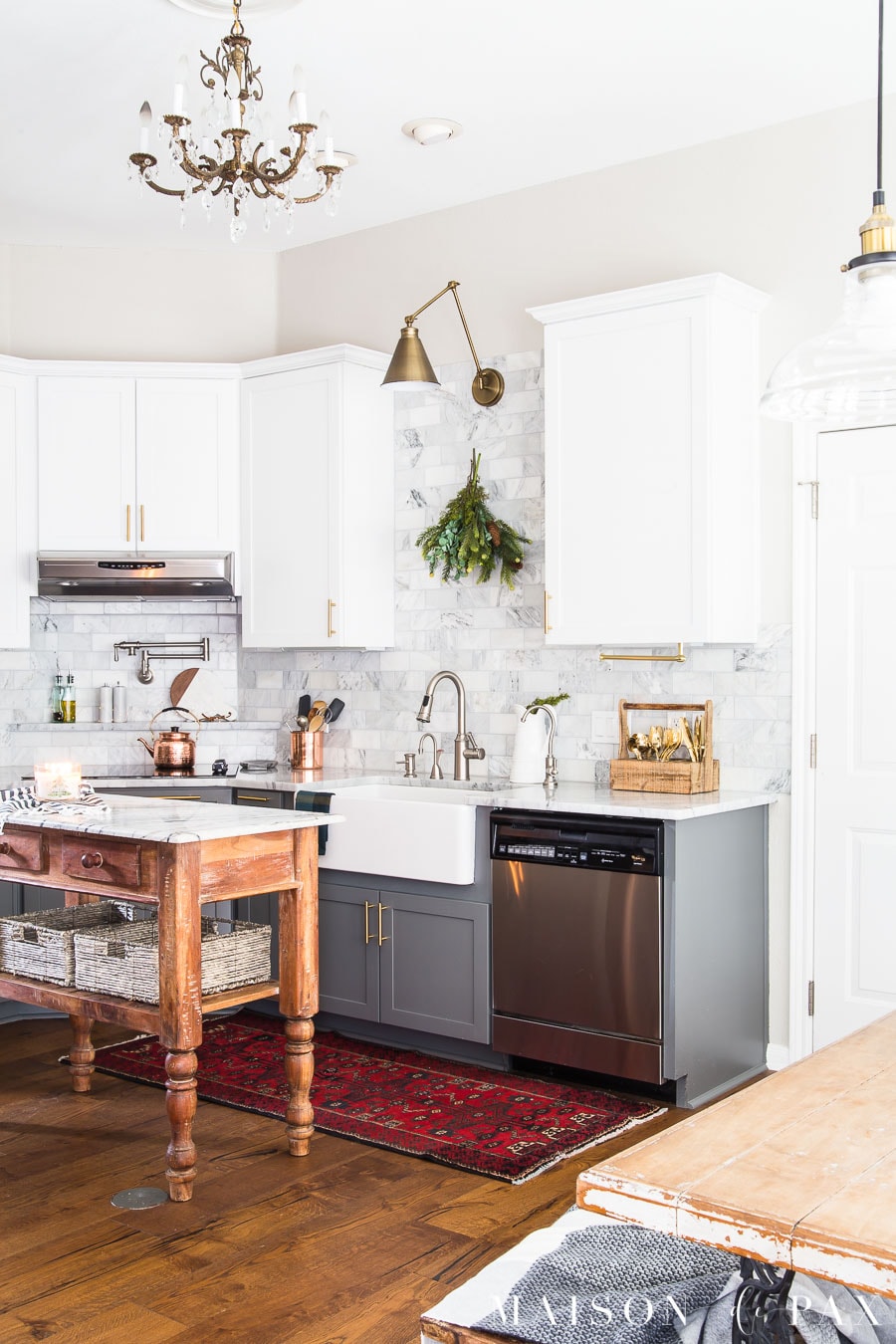 kitchen with white upper cabinets and gray lower cabinets- Maison de Pax