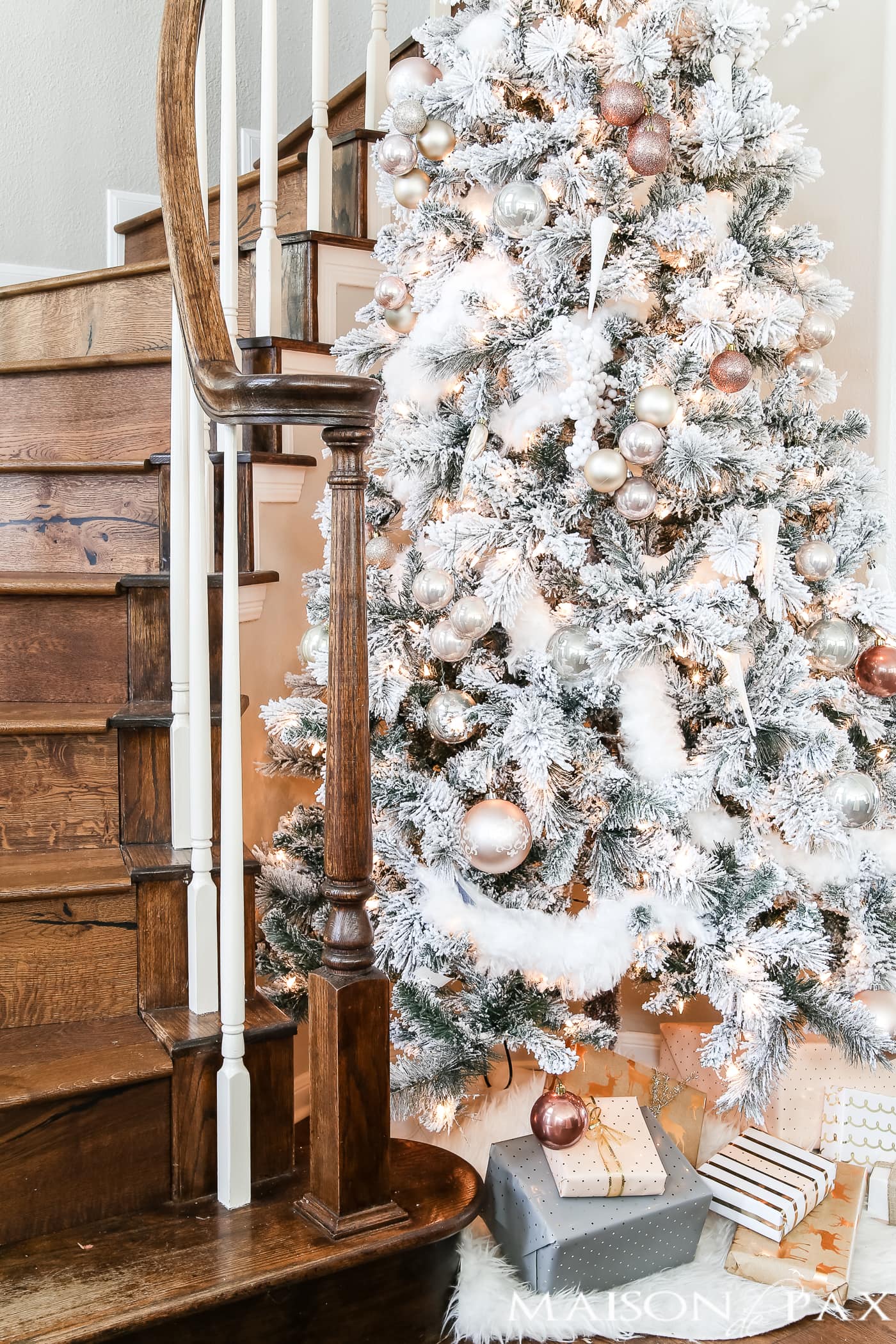 flocked tree with blush and white ornaments #blushtree