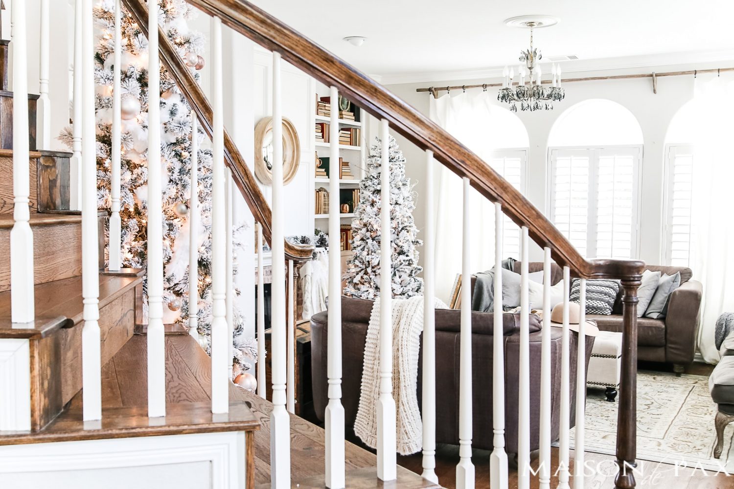 blush and white Christmas decor #flockedtrees