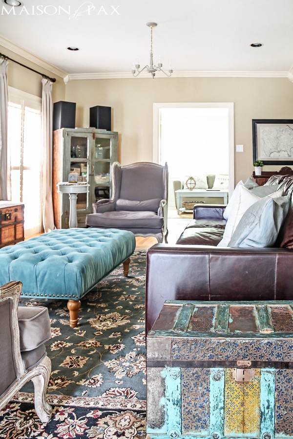 gorgeous neutral living room with blue and turquoise accents: mix of antiques, affordable pieces, and diy ideas | aiweb9ygdry.cmersite.com