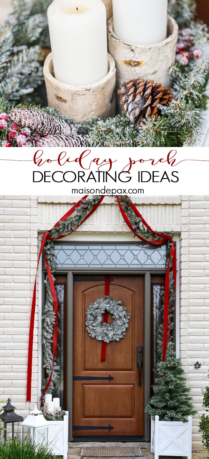 Greenery and Red Holiday Front Porch: What a beautiful, classic look! Get Christmas front porch decorating ideas here!