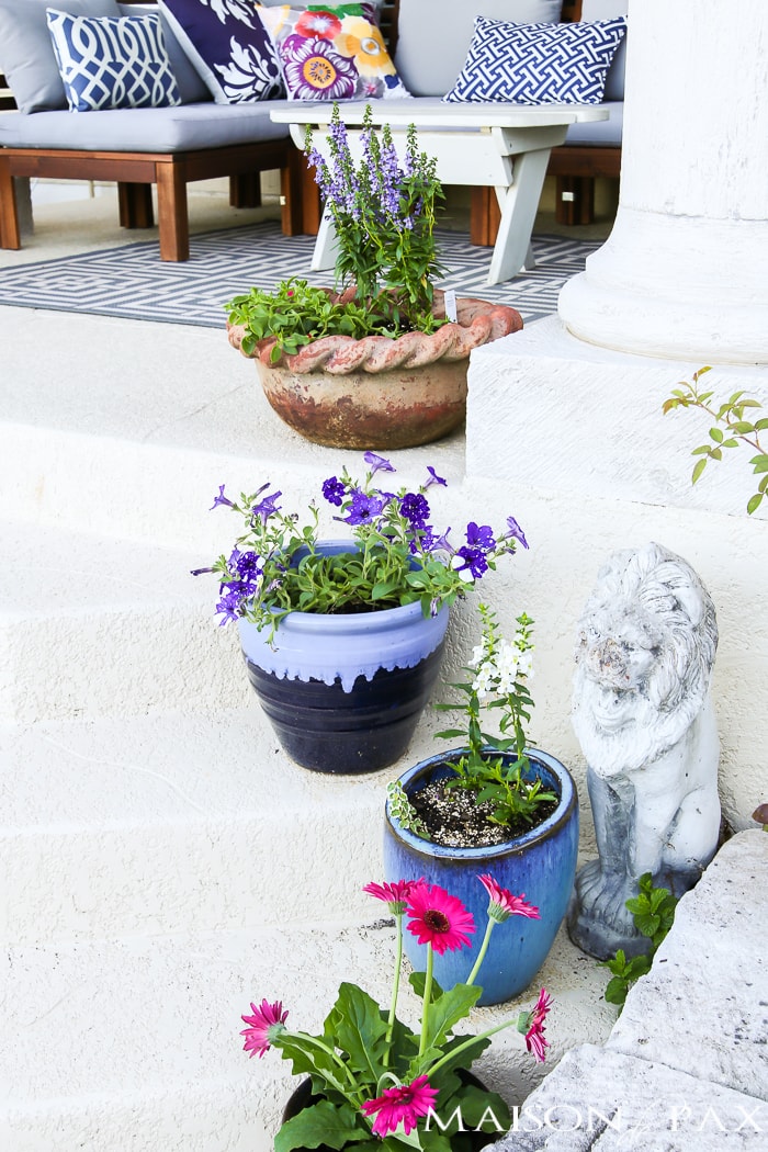 Spring planters filled with annual flowers- Maison de Pax