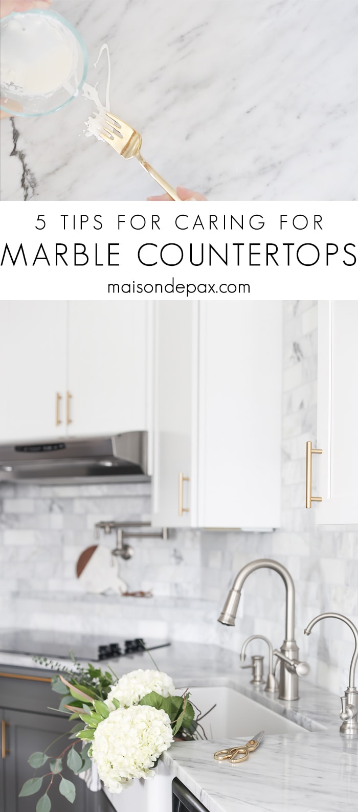 5 tips for caring for marble counters: Wondering how to care for marble counters?  Don't miss these 5 tips on caring for marble countertops, including details on sealing marble counters, removing stains from marble, cleaning marble countertops, and avoiding scratches. #marble #marblecounters #marblecountertops #marblekitchen #marblecare #kitchencounters #kitchencountertops #carraramarble #cleaningmarble #marblesealer