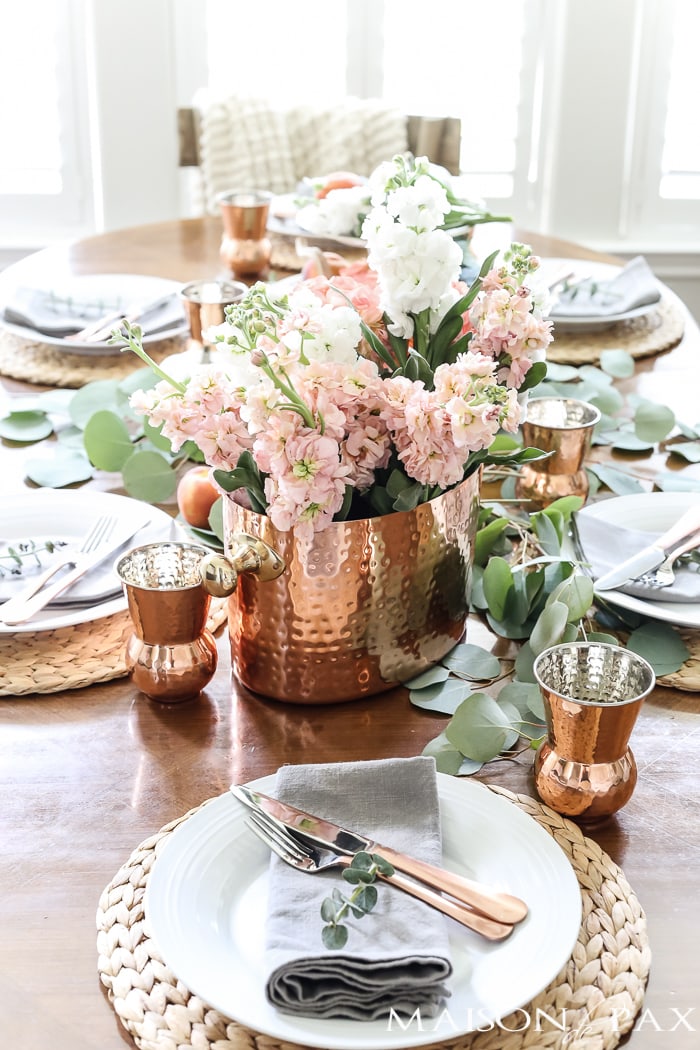 copper with blush and white flowers for a gorgeous tablescape- Maison de Pax