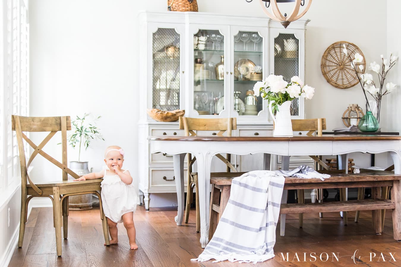 french country dining room with gray and blush accents