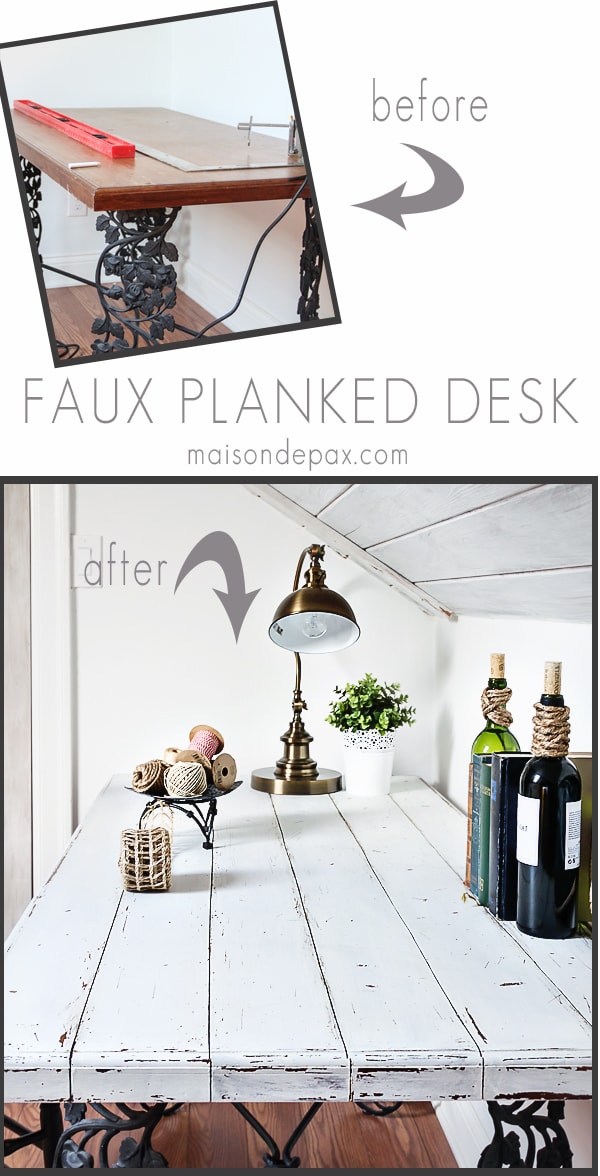 faux whitewashed wood planked desk