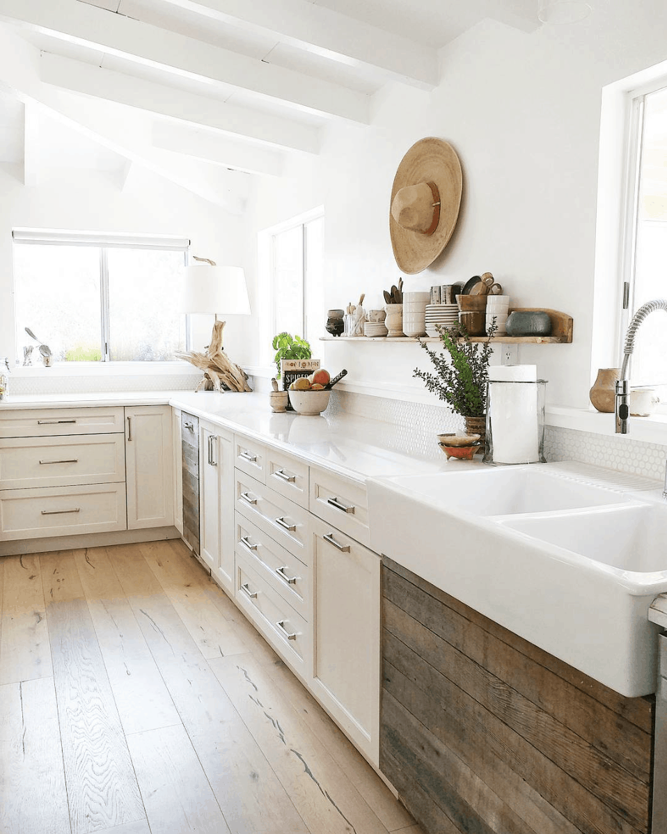 The Ranch Uncommon kitchen: wide plank white oak floors, rustic wood and white cabinetry, open shelving, farmhouse sink- Maison de Pax