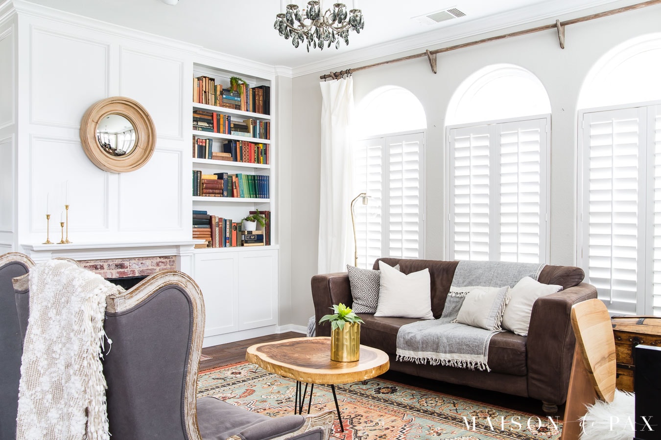living room fireplace bookcase log slice table | Maison de Pax