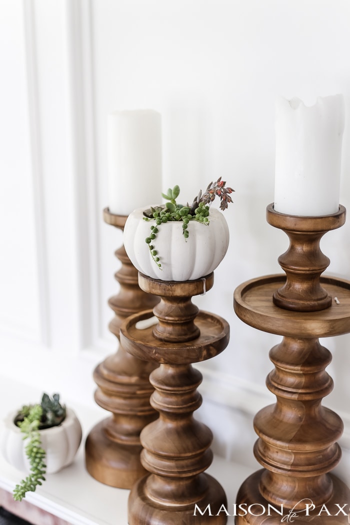 succulent pumpkins and elegant wood candlesticks- Maison de Pax