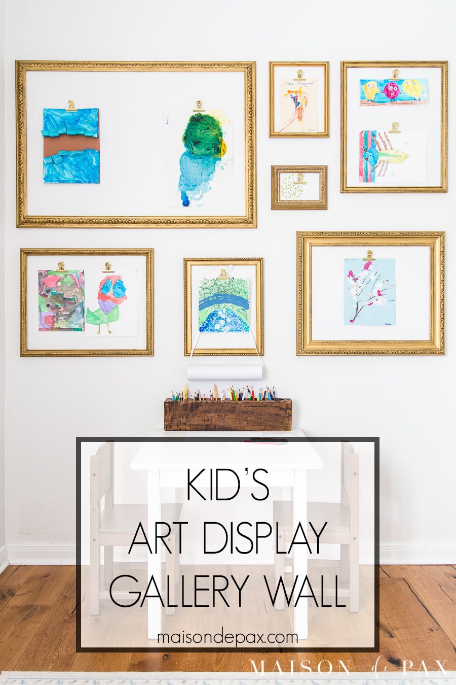 kid's art display gallery wall with clips | Maison de Pax