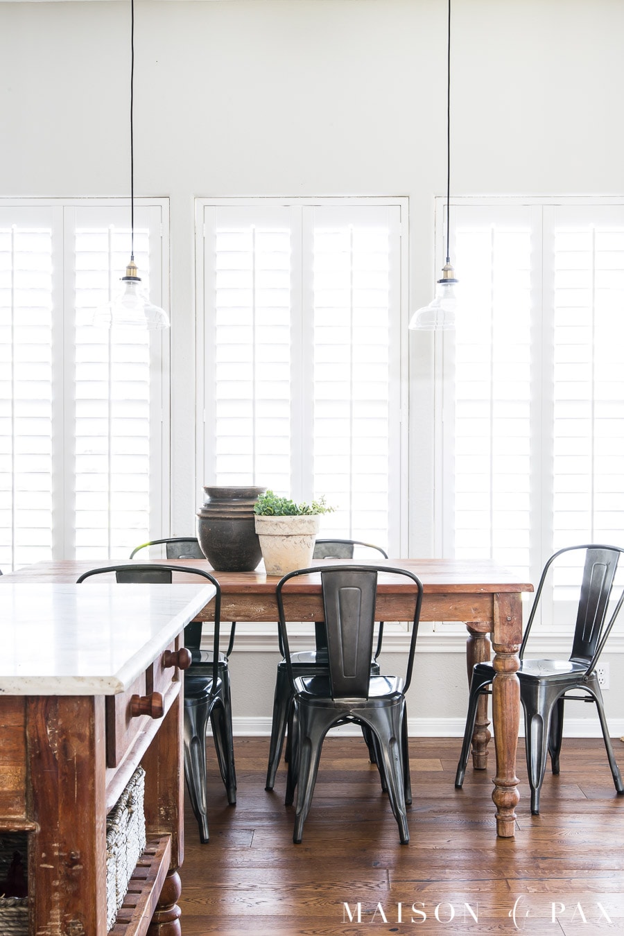 wood kitchen island with marble counter and wood kitchen table | Maison de Pax