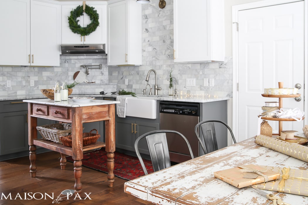 White and gray kitchen decorated for Christmas- Maison de Pax