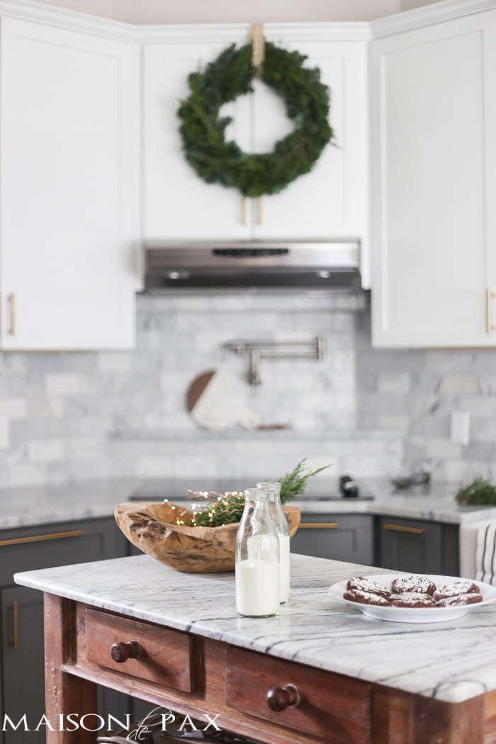 Christmas cookies and milk on marble island- Maison de Pax