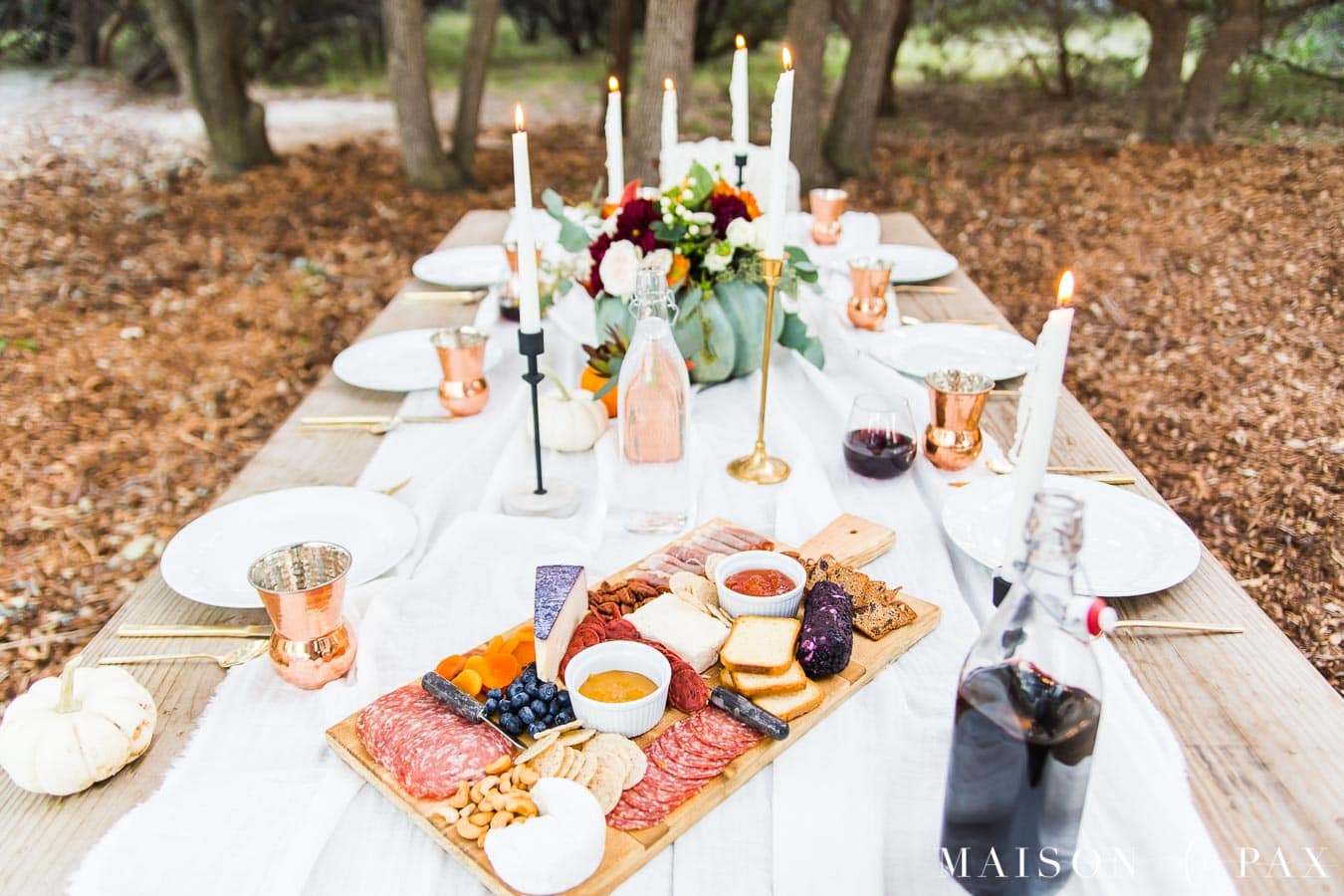 friendsgiving ideas: charcuterie board on thanksgiving table | Maison de Pax