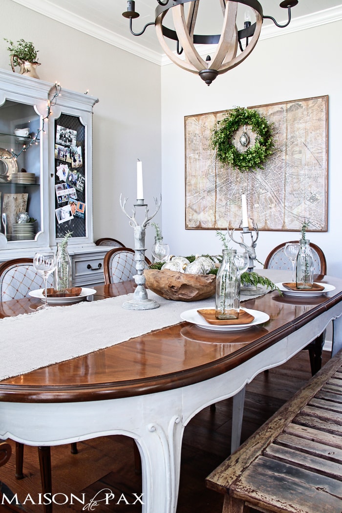Gorgeous neutral dining room with French and rustic elements - decorated for Christmas holidays | aiweb9ygdry.cmersite.com
