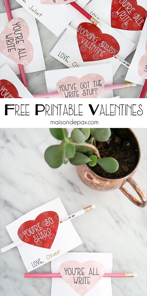 Adorable free printable valentines! These witty little candy-free valentines go on a pencil and come in 6 different sayings and 2 different colors!
