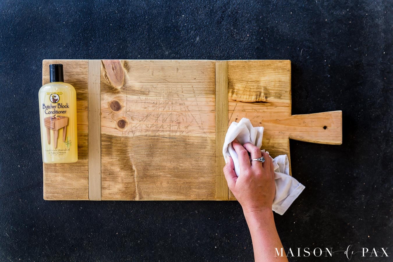 sealing wood serving charcuterie board with butcher block conditioner | Maison de Pax