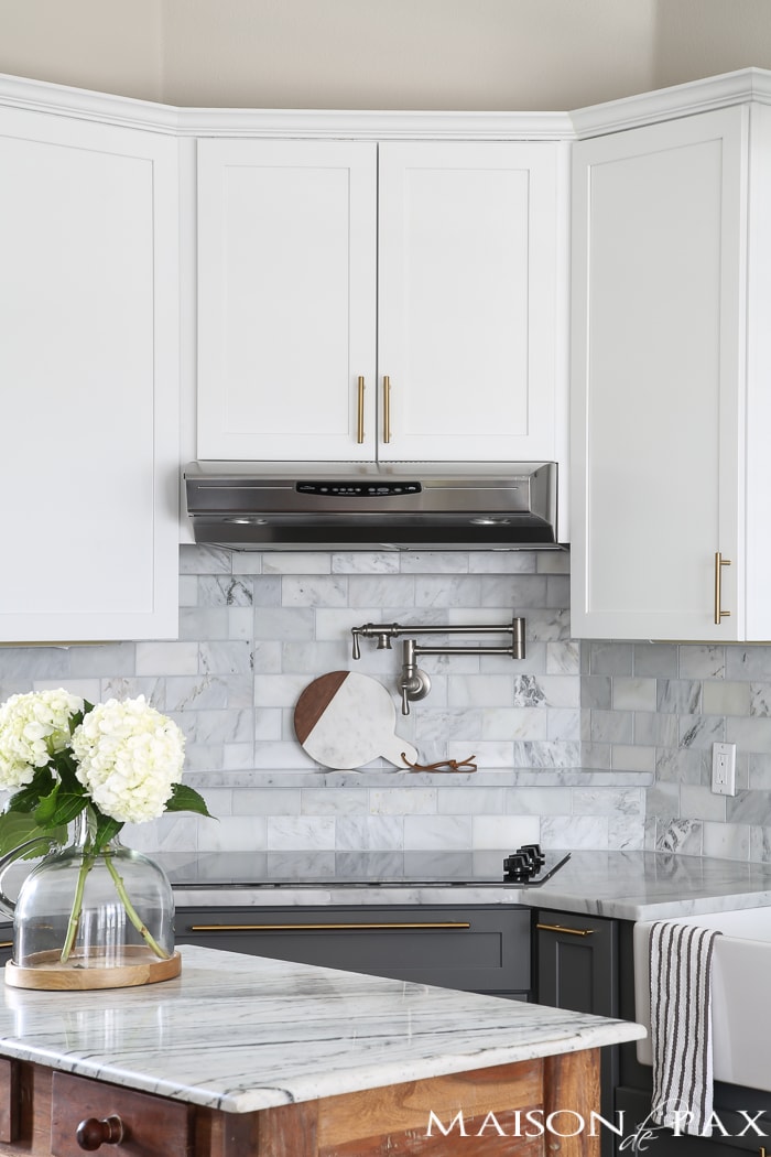 brushed nickel pot filler with marble subway tile backsplash | Maison de Pax