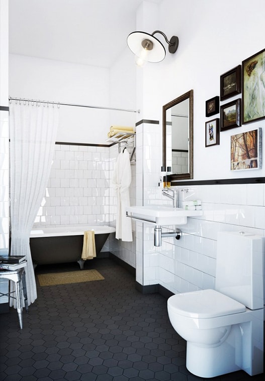 laderfabriken: classic bath with large black hex floors, black clawfoot tub, white square ceramic walls