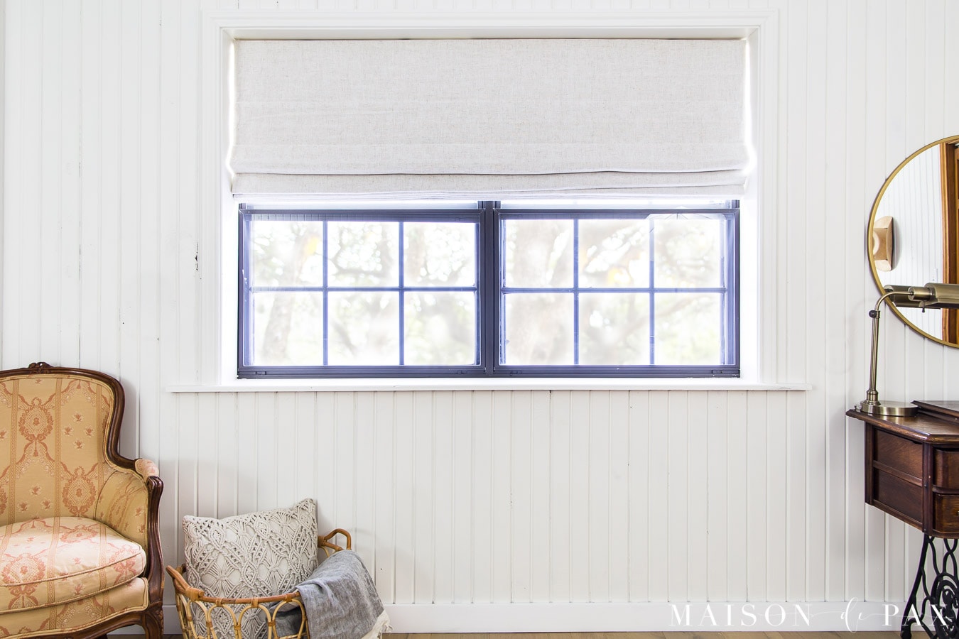 white linen roman shade with blackout liner in white farmhouse bedroom | Maison de Pax