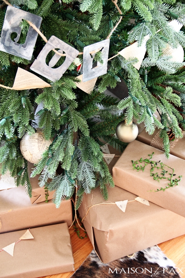 Love this simple Christmas tree decorating idea! Book page bunting and ornaments with stenciled words... Simple and beautiful! via aiweb9ygdry.cmersite.com