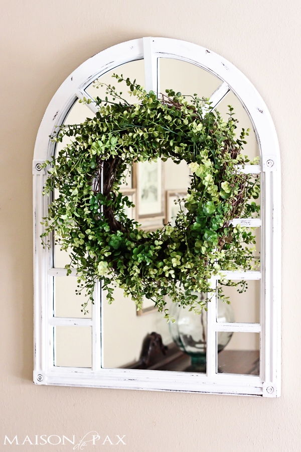 Eucalyptus wreath and farmhouse window frame- Maison de Pax