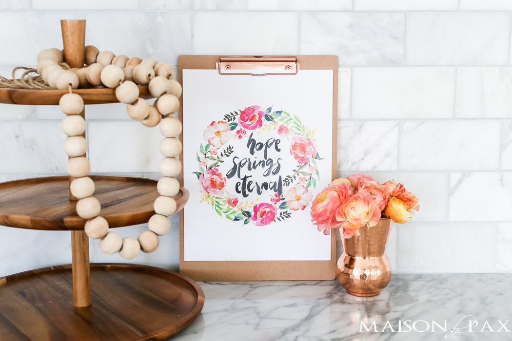 Free Spring Printable! "Hope Spring Eternal" - this watercolor inspirational saying is perfect for spring decor. Click to download your own copy and find 29 other free spring printables!
