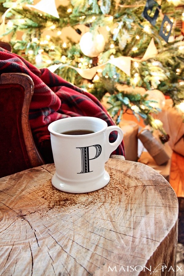 Wood stump table with Anthroplogie coffee mug- Maison de Pax
