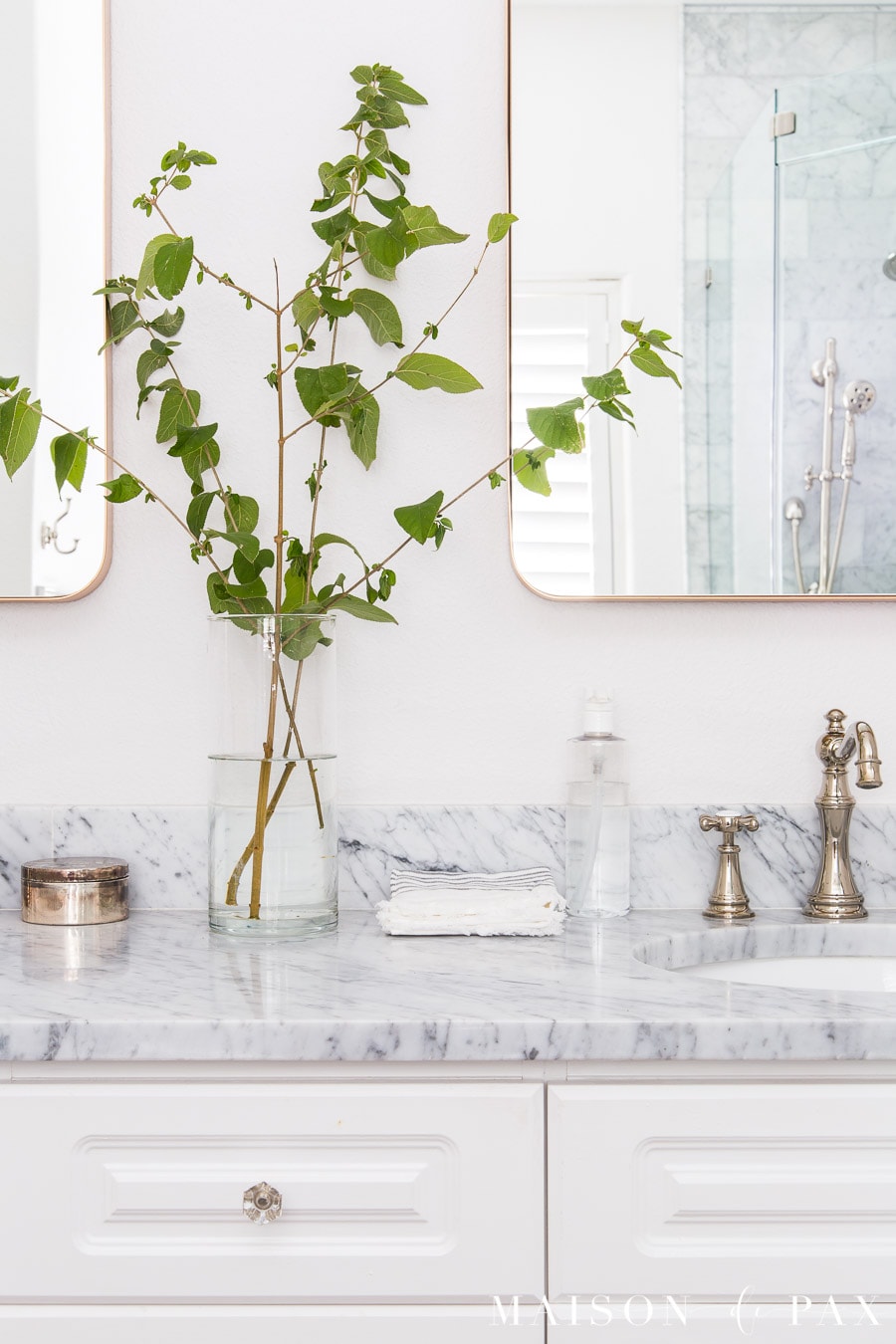 Carrara marble countertops in a bathroom
