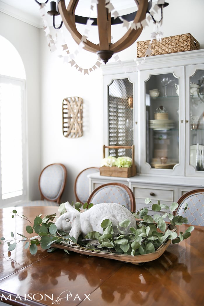 Ideas for Easter Decorating: gorgeous neutral dining room with rustic touches and a wine barrel chandelier | aiweb9ygdry.cmersite.com