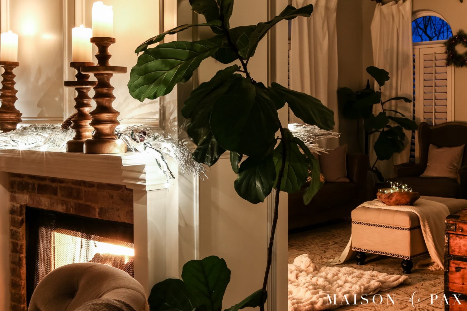 two sided fireplace: gorgeous Christmas lights at night in these 25+ home tours #christmasnightstour #holidayhometour #christmaslights