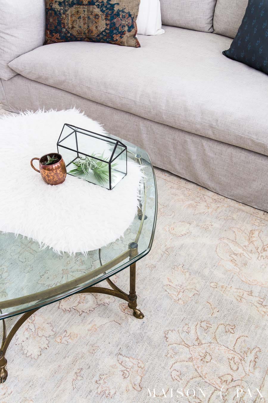 beautiful hand-knotted area rug with subtle colors | Maison de Pax